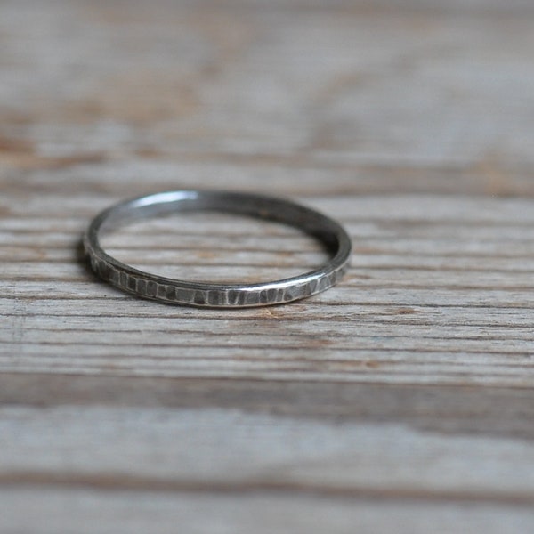 Sterling silver skinny hammered stacking ring (one), hand forged