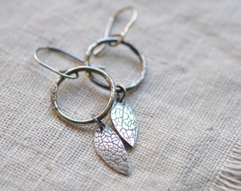 Sterling silver reticulated earrings with embossed leaf, rustic, earthy