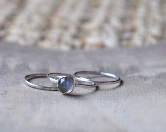 Sterling silver labradorite cabochon stacking rings, hammered, hand forged, unique, oxidized