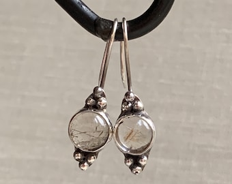 Sterling silver rutilated quartz earrings, hand forged