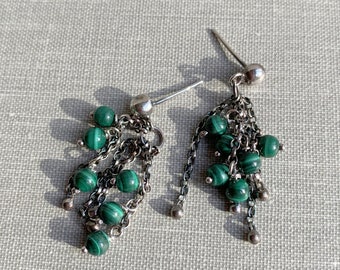 Sterling silver dainty malachite earrings : ready to ship