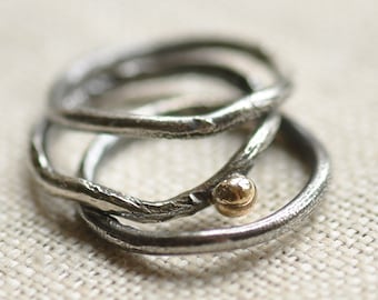 Sterling silver reticulated ring set, hand forged, unique, oxidized
