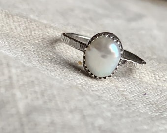 Sterling silver and ivory freshwater pearl ring, hammered, hand forged, unique, oxidized