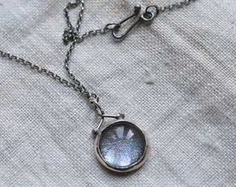 Sterling silver moonscape necklace, hand forged, glass cabochon, oxidized, unique