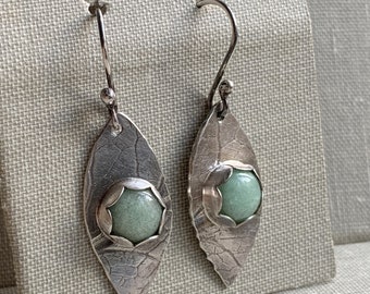 Sterling Silver hand forged leaf embossed brushed earrings, oxidized, unique