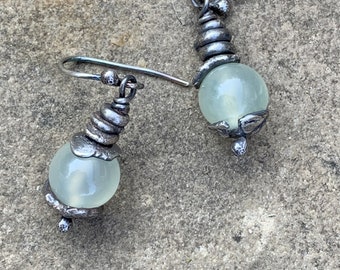 Sterling silver rustic earrings with pale jade beads, hand forged