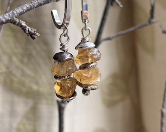 Sterling silver raw citrine earrings, hand forged