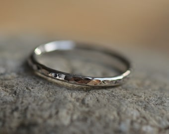 Sterling silver skinny hammered stacking ring (one), hand forged