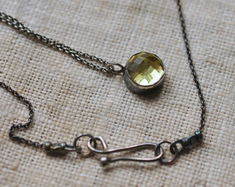 Sterling silver delicate lemon quartz cabochon necklace, hand forged, oxidized, unique