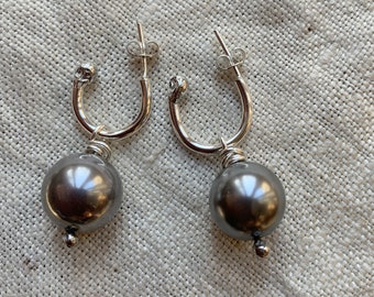 Sterling silver and grey pearl earrings, hand forged