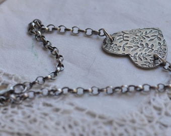 Sterling silver bracelet, blossom textured heart on a belcher chain, hand forged, unique, rustic
