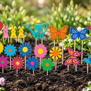 Op de afbeelding: Een kleurrijke tuinscène met houten stokken in de vorm van een hart, konijnen, bloemen, vlinders en vogels. De stokken staan in de grond, omringd door groen en een troffel.