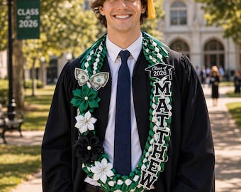 Graduation Lei 2026, 50" Double Braided Ribbon Lei Necklace, Class of 2026 Satin Flower, Handmade Grad Gift for Men Women