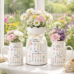 Custom First Mom Now Grandma Vase, Personalized Birth Month Flower Ceramic Jug, Mothers Day Gift For Nana, Grandma Garden Pitcher Decor