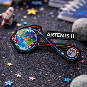 May include: Embroidered patch featuring a detailed Earth and Moon design, with the text "ARTEMIS II". The patch has a black border, with red and blue lines connecting the Earth and Moon. The background is a dark, speckled surface with star-shaped embellishments.