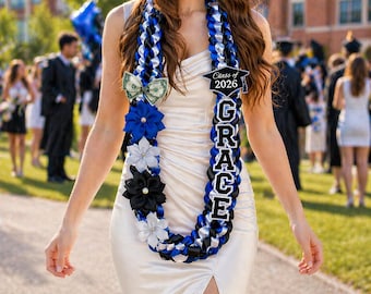 Graduation Lei 2026, 50" Double Braided Ribbon Lei Necklace, Class of 2026 Satin Flower, Handmade Grad Gift for Men Women