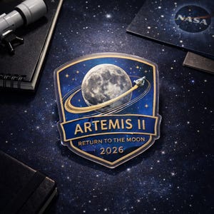May include: A blue and gold Artemis II patch featuring a detailed illustration of the moon, a spacecraft, and the text "ARTEMIS II RETURN TO THE MOON 2026." The NASA logo is visible in the background. The patch is a shield shape.