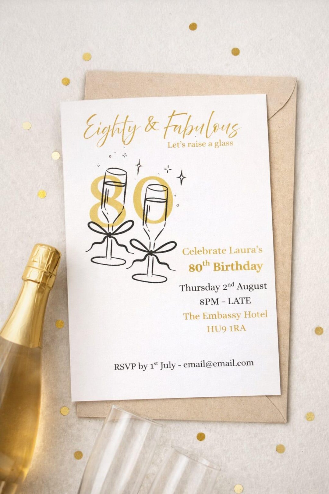 Eighty 80th Birthday Invitation | Champagne Party Invite (digital ...
