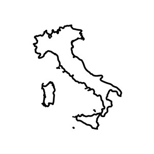 Puede incluir: Un sencillo dibujo de línea negra que representa el contorno geográfico de Italia, incluidas las islas de Sicilia y Cerdeña, presentado como un gráfico vectorial limpio y minimalista sobre un fondo blanco liso para una representación visual clara.