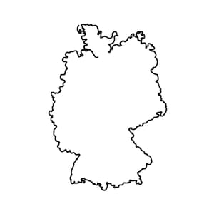 May include: A black line drawing depicting the geographical outline of Germany. The illustration features a continuous, thin black stroke that traces the borders of the country, creating a simple and clear silhouette against a plain background.