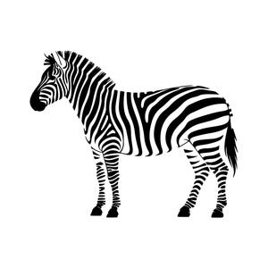 May include: A black and white illustration of a zebra on a white background. The zebra is depicted with bold black stripes across its body, legs, and head. The mane and tail are also black, creating a striking contrast.