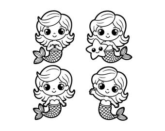 Paquete de archivos SVG de sirenas chibi kawaii – Archivo de corte de arte lineal (descarga digital)