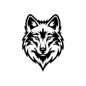 May include: A black and white illustration of a wolf's head. The wolf is depicted in a stylized, symmetrical design, with detailed fur and sharp features. The image is set against a plain white background.