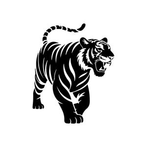 May include: A black and white graphic illustration of a tiger in a walking stance. The tiger is depicted with its mouth open, showing teeth, and its tail is curved upward. The design features bold, solid black shapes against a white background.