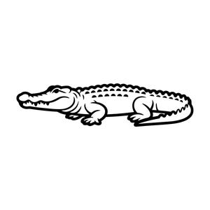 May include: A black and white illustration of an alligator. The alligator is shown in profile, with a black outline defining its body and head. The scales and teeth are detailed, set against a white background.