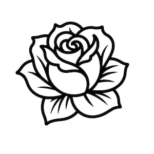 May include: A black and white line drawing of a rose. The rose features multiple petals and leaves, with a detailed centre. The image is a simple, elegant floral design, suitable for various applications.
