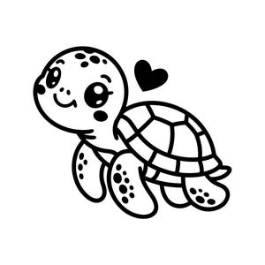 May include: A black and white cartoon illustration of a smiling turtle with large eyes and a heart above its head. The turtle has a patterned shell and dotted flippers, set against a white background.