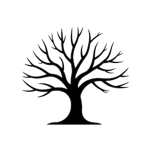 Peut inclure: Silhouette noire d'un arbre sur fond blanc. L'arbre a une couronne arrondie de branches et un tronc épais. Les branches sont nues, suggérant une scène d'hiver ou d'automne.