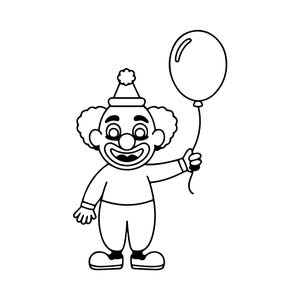 May include: A black and white illustration of a cartoon clown holding a balloon. The clown has a round red nose, curly hair, and a hat. The clown is smiling and wearing a simple outfit.