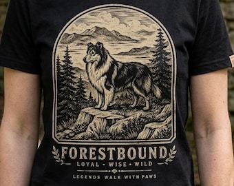 Bosgebonden collie linosnede T-shirt | Folkloristisch T-shirt met hondenliefhebber