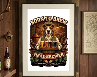 Beagle-poster met ambachtelijk bier | Geboren om kunst te brouwen | Vaderdagcadeau voor hondenvader