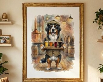 Poster bier van de hond van de Berner sennen | Speelse aquarel Berner-vlucht | Vaderdagcadeau voor hondenvader