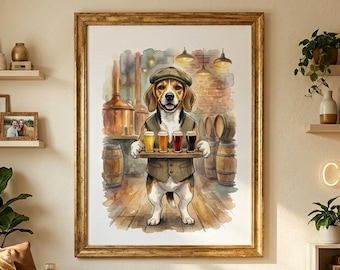 Beagle-bierposter | Grillige aquarel huilende hopvlucht | Vaderdagcadeau voor hondenvader