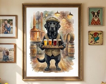 Zwarte poster labradorbier | Speelse aquarellab-serveervlucht | Vaderdagcadeau voor hondenvader