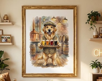 Golden retriever-bierposter | Grillige aquarel hond vluchtkunst | Vaderdagcadeau voor hondenvader