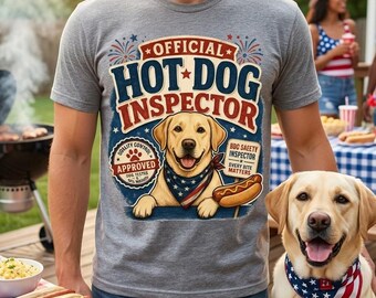 Officieel geel laboratoriumshirt hotdoginspecteur | Vaderlandslievend cadeau voor hondenliefhebber: 4 juli