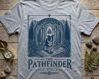 Bordercollie T-shirt | De verkenner | Grafisch in linosnedestijl | Forestcore-kunst | Cadeau voor hondenliefhebbers
