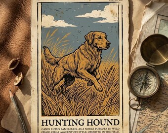 Golden retriever-jachthondprint | Folklore muurdecoratie in linosnedestijl