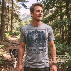 May include: Gray t-shirt with a forest graphic and the text "THE PATHFINDER". The design features a dog in a forest scene. The shirt is short-sleeved and is being worn outdoors.