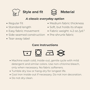 May include: Informative graphic with text detailing a garment's style, fit, and material. Features include regular fit, standard length, and medium fabric thickness. Care instructions are also provided, including machine wash cold and tumble dry low.