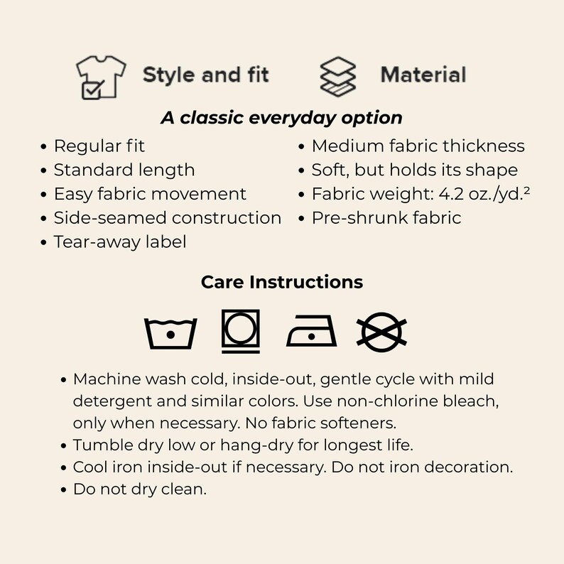 May include: Informative graphic with text detailing a garment's style, fit, and material. Features include regular fit, standard length, and medium fabric thickness. Care instructions are also provided, including machine wash cold and tumble dry low.