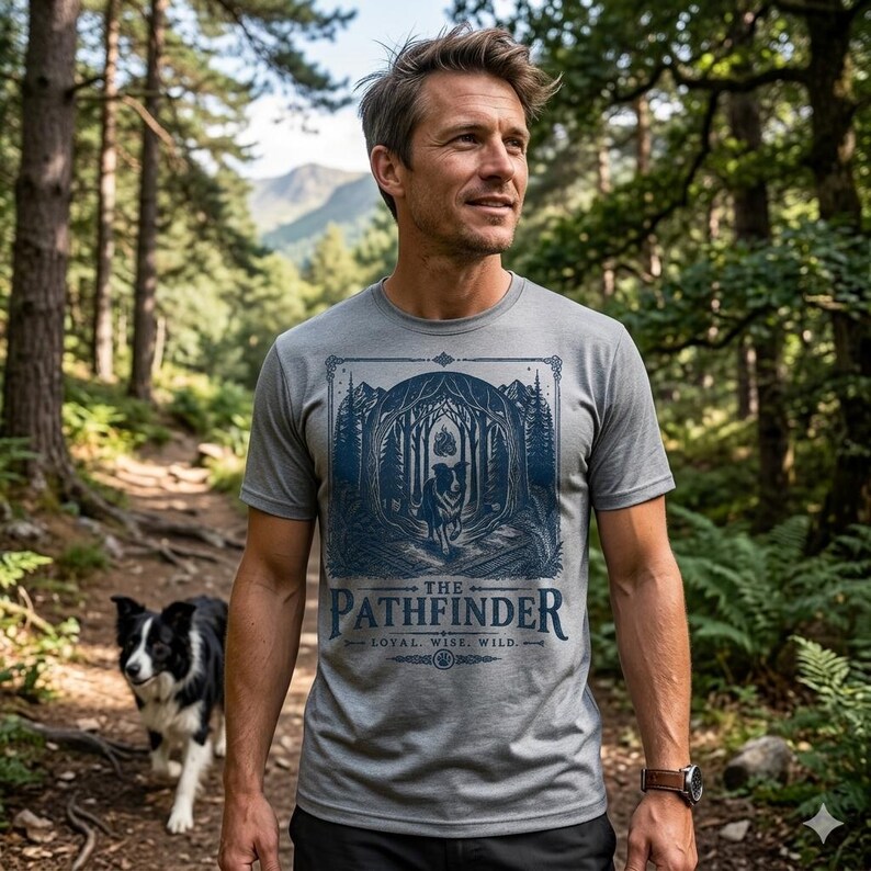 May include: A gray t-shirt with a blue graphic of a dog in a forest scene, with the words "The Pathfinder" and "Loyal. Wise. Wild." printed below. A person is wearing the shirt while walking on a forest path, with a dog in the background.