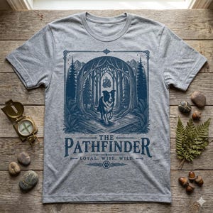 May include: A heather gray t-shirt featuring a blue graphic of a dog running through a forest. The text "THE PATHFINDER" is below the graphic, with "LOYAL. WISE. WILD." underneath. The shirt is short-sleeved.