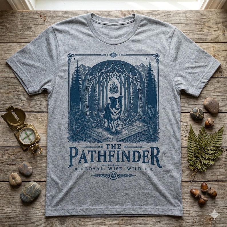 May include: A heather gray t-shirt featuring a blue graphic of a dog running through a forest. The text "THE PATHFINDER" is below the graphic, with "LOYAL. WISE. WILD." underneath. The shirt is short-sleeved.