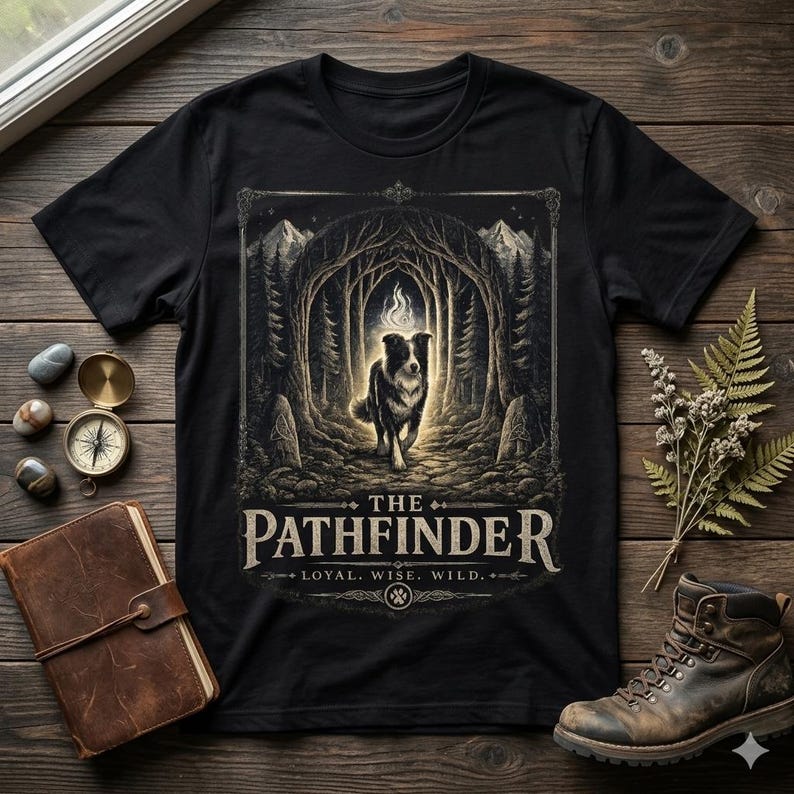 May include: Black t-shirt featuring a graphic of a Border Collie dog walking through a forest, with the text "THE PATHFINDER" and the words "LOYAL. WISE. WILD." The design is framed by a dark border. A compass, journal, and boots are also visible.