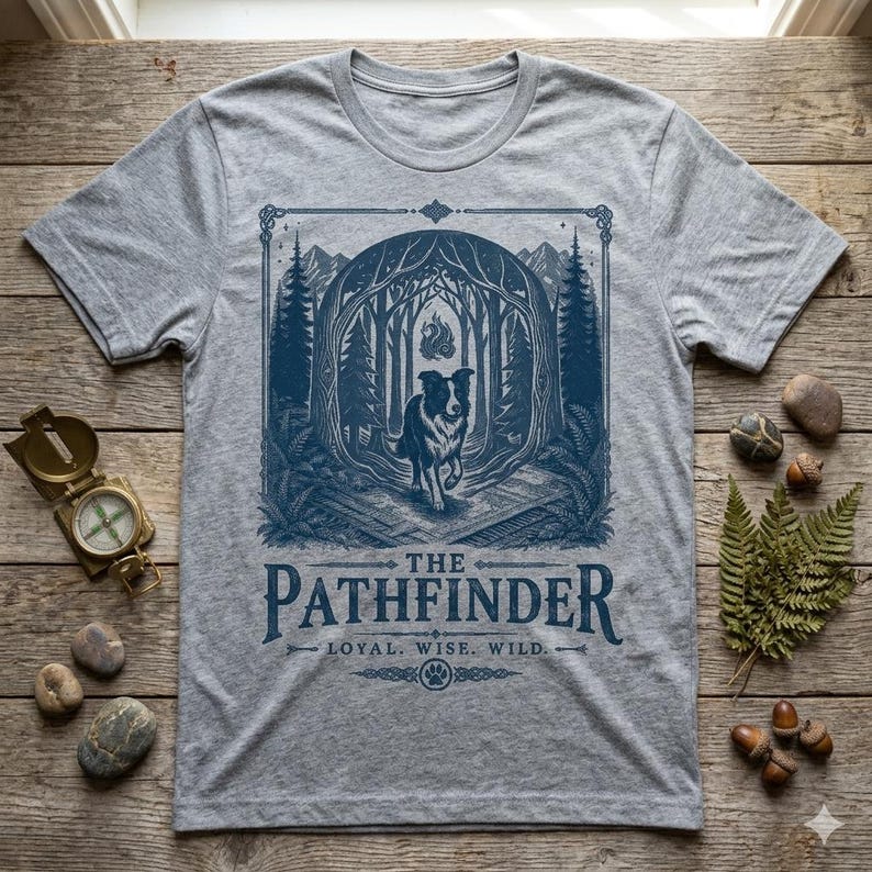 May include: A heather gray t-shirt featuring a blue graphic of a dog running through a forest. The text "THE PATHFINDER" is below the graphic, with "LOYAL. WISE. WILD." underneath. The shirt has a crew neck and short sleeves.